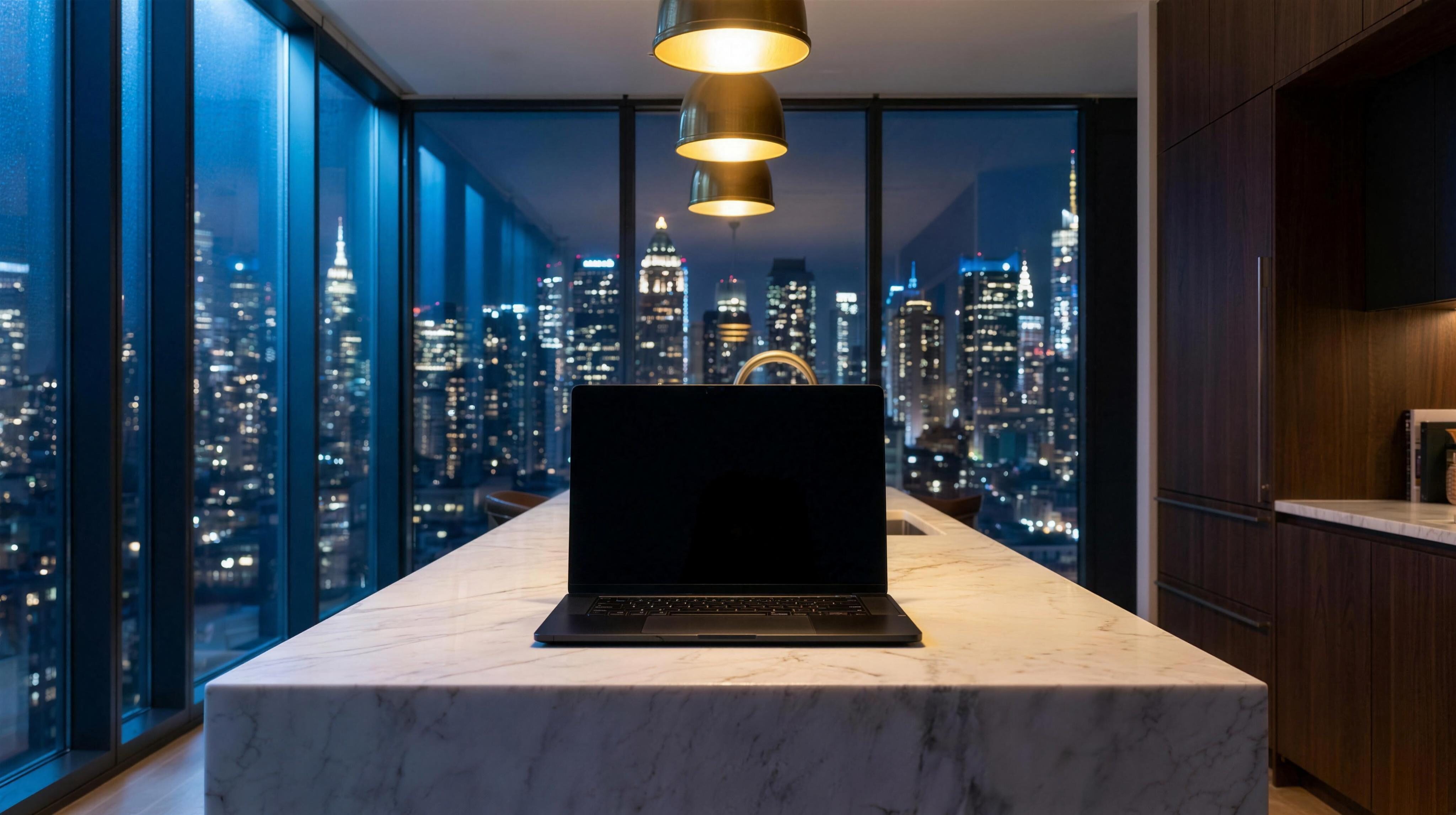 A black MacBook on a marble kitchen island in a New York penthouse at night